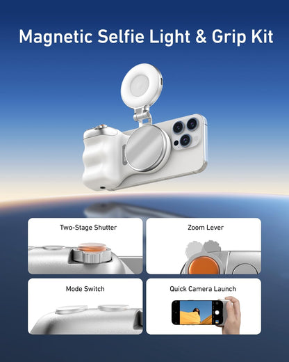 Magnetic Phone Camera Grip Kit with Selfie Light, Bluetooth Remote & Zoom Control