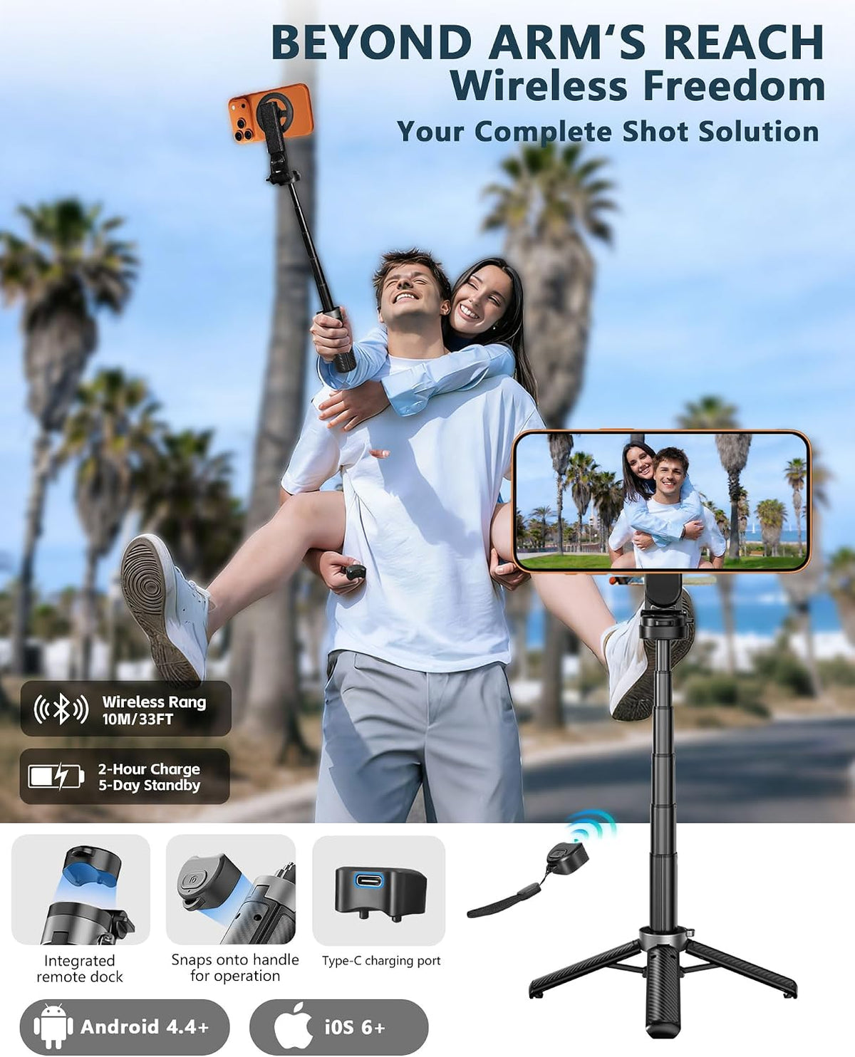 Foldable Selfie Stick Tripod with Bluetooth Remote | 360° Rotation, 4-Leg Stable Base, Pocket-Sized