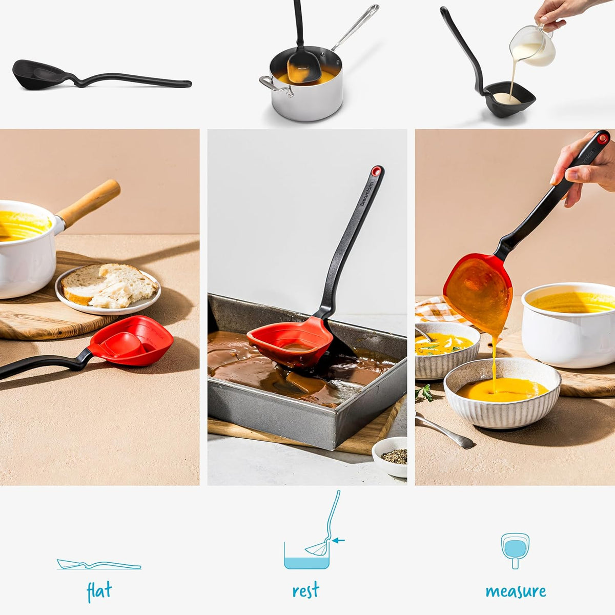 Foldable Silicone Soup Ladle with Measuring Marks, Pot-Edge Rest & Heat-Resistant Edge